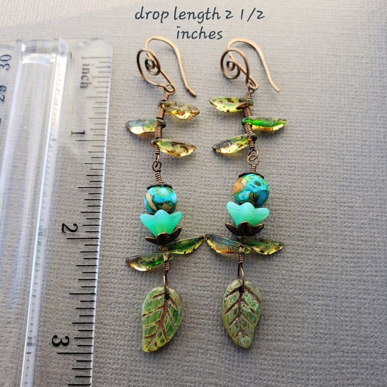 Flower Vine Earrings, Green Branch Earrings, Green Leaf and Flower Earrings, Branch Wedding Earrings, Long Vine Earrings, Woodland Earrings image 5