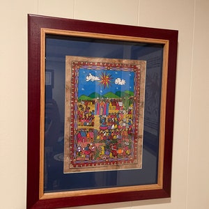 La fiesta, Mexican folklore Azteca hand painted art in &quot;amate&quot; paper w/awsome wooden purplehart and oak frame