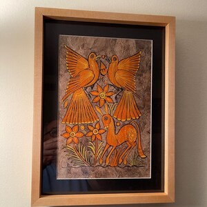Medium Mexican hand painted colorful bird art in &quot;amate&quot; paper, w/ maple frame