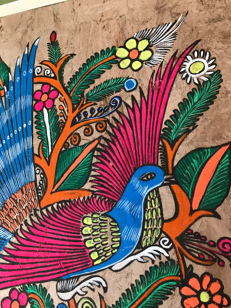 Large Mexican Amate bark paper painted art. Colorful birds. Etsy