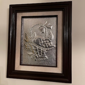 Beautiful still nature (fruits) handmade embossed aluminum art &quot;Repujado&quot; and high quality framed in oak wood