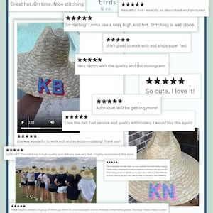 May include: A straw sun hat featuring a wide brim and a custom monogram in blue and pink block letters. The image includes multiple five-star customer reviews and the brand name three little birds & co. displayed in a collage format.