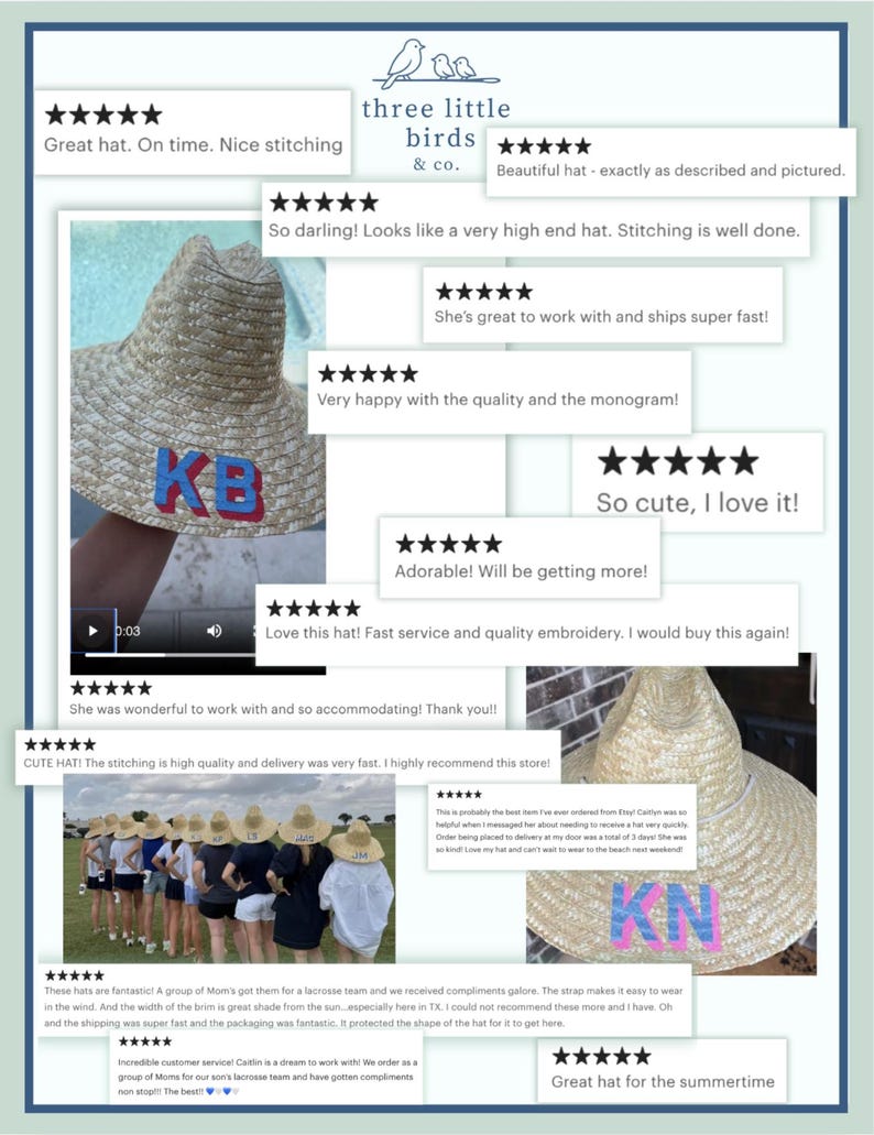 May include: A straw sun hat featuring a wide brim and a custom monogram in blue and pink block letters. The image includes multiple five-star customer reviews and the brand name three little birds & co. displayed in a collage format.