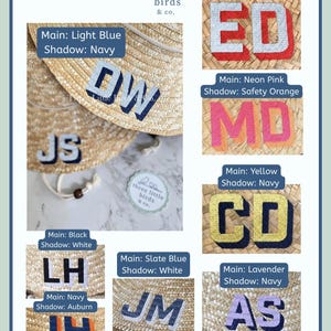 May include: A collection of straw hats featuring various two-letter embroidered monograms with distinct color combinations for the main letters and shadows. The brand name three little birds & co. appears at the top and on a small circular tag.