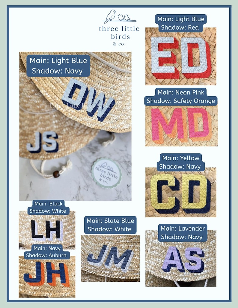 May include: A collection of straw hats featuring various two-letter embroidered monograms with distinct color combinations for the main letters and shadows. The brand name three little birds & co. appears at the top and on a small circular tag.