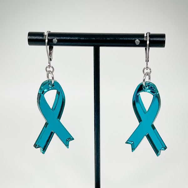 Awareness Ribbon Earrings - TEAL BLUE - Laser-Cut Mirrored Acrylic