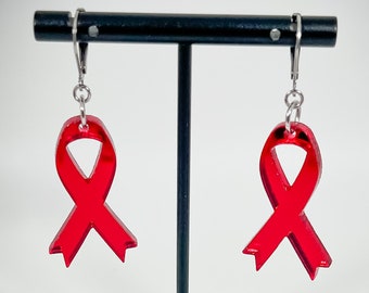 Awareness Ribbon Earrings - RED - Laser-Cut Mirrored Acrylic