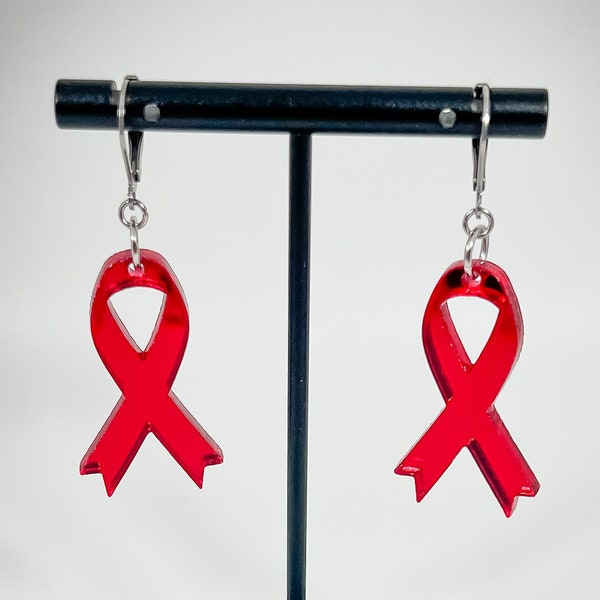 Awareness Ribbon Earrings - RED - Laser-Cut Mirrored Acrylic