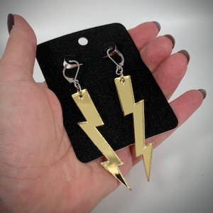 Gold Lightning Bolt Earrings - Laser-Cut Mirrored Acrylic