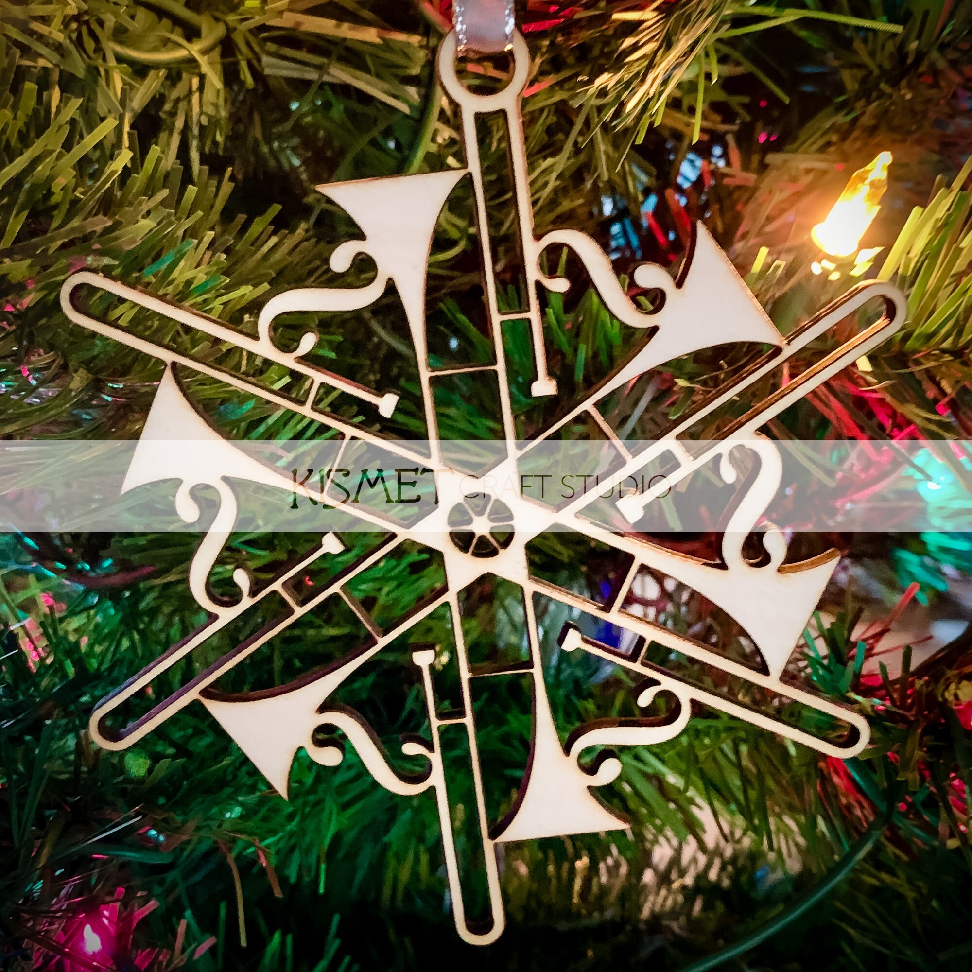 Trombone Laser Cut Wood Snowflake Ornament