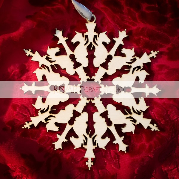 Chess Pieces Laser Cut Wood Snowflake Ornament