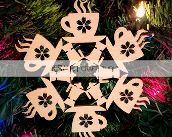 Coffee Laser Cut Wood Snowflake Ornament