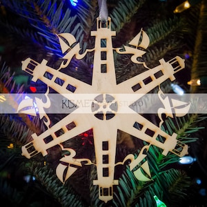 Lighthouse and Sailboat Laser Cut Wood Snowflake Ornament