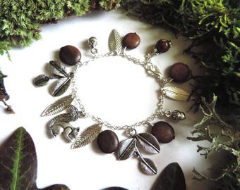 Forest Bracelet: Squirrel, wood beads, silver leaves