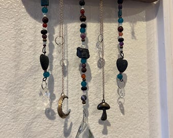 Driftwood Suncatcher - 5 strand mobile with Moon & Mushroom Charms, Beaded Strands, Black Tourmaline, and Large Crystal Centerpiece