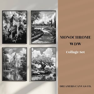 Monochrome WDW Oil Painting Wall Art Collage Set DIGITAL DOWNLOAD | Printable Artwork | Black and White Theme Park Icons