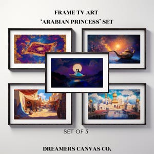 May include: Set of five framed prints depicting scenes from an Arabian princess film. The prints include a magic carpet, a couple on a magic carpet, a genie lamp, a marketplace, and a palace.