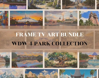 May include: A collage of 10 images showcasing different areas of Walt Disney World. The images include Cinderella's Castle, Spaceship Earth, the Tree of Life, and the Hollywood Hills Amphitheater. The text "FRAME TV ART BUNDLE WDW 4 PARK COLLECTION DREAMERS CANVAS CO." is at the bottom of the collage.