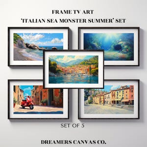 Peut inclure: Ensemble de cinq impressions d'art encadrées représentant des scènes côtières italiennes. Les impressions présentent des paysages vibrants, dont une plage, des vues sous-marines et des paysages urbains. Le texte indique 'Italian Sea Monster Summer' Set.