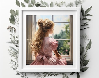 Printable Artwork Coquette Girl Looking Out A Window Oil Painting Wall Art DIGITAL DOWNLOAD | CottageCore, Coquette Aesthetic, Victorian