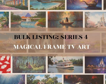 May include: A collection of framed art prints featuring various scenes, including landscapes, fantasy settings, and architectural designs. The text "BULK LISTING: SERIES 4 MAGICAL FRAME TV ART" is displayed prominently. The Dreamers Canvas Co. logo is also visible.