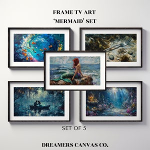 May include: Set of five framed art prints featuring a mermaid theme. The prints include a mermaid sitting on a rock, a scene with a couple in a boat, a scene with a fork on the beach, and two underwater scenes.