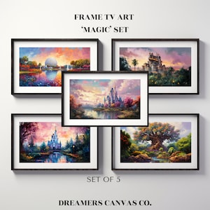 May include: Set of five framed art prints featuring colorful landscapes of Disney World. The prints include a view of the iconic Cinderella Castle, the Tree of Life, and the Spaceship Earth.