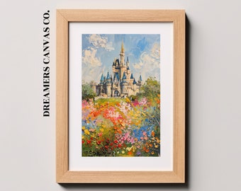 Cuadro al óleo del Castillo de Cenicienta en primavera. Descarga digital / Obra de arte imprimible / Paisaje floral en tonos pastel.