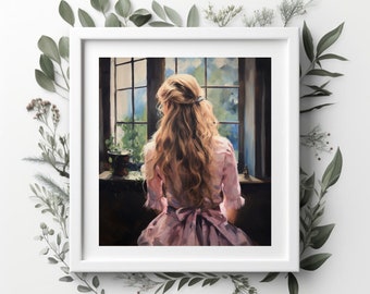 Printable Artwork Coquette Girl Looking Out A Window Oil Painting Wall Art DIGITAL DOWNLOAD | CottageCore, Coquette Aesthetic, Victorian