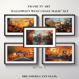 May include: Set of five framed Halloween-themed art prints featuring iconic West Coast landmarks. The prints depict a spooky Disneyland castle, a haunted amusement park, a spooky mansion, and a nighttime scene with a full moon.