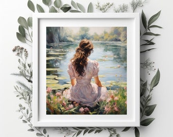 Printable Artwork Springtime Pond Oil Painting Wall Art DIGITAL DOWNLOAD | CottageCore, Coquette Aesthetic, Springcore, Floral Art