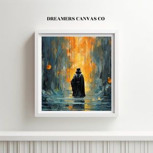 Könnte beinhalten: Ein Gemälde von Darth Vader, der durch eine dunkle, abstrakte Landschaft mit einem leuchtend orangenen Schein in der Ferne geht. Das Gemälde ist in einem weißen Rahmen gerahmt.