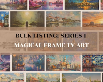 May include: A collage of 10 digital paintings featuring iconic Disney landmarks and scenes. The paintings are framed in a rustic wood frame and are displayed on a wall. The text "BULK LISTING: SERIES 1 MAGICAL FRAME TV ART DREAMERS CANVAS CO." is displayed at the bottom of the collage.