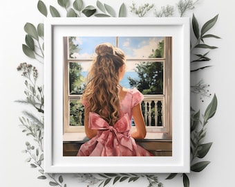 Printable Artwork Coquette Girl Looking Out A Window Oil Painting Wall Art DIGITAL DOWNLOAD | CottageCore, Coquette Aesthetic, Springcore
