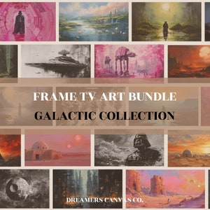 Op de afbeelding: Een verzameling ingelijste tv-kunstprints met scènes uit een melkwegstelsel ver, ver weg. De Galactic Collection bevat afbeeldingen van iconische personages, ruimteschepen en landschappen, met de tekst "FRAME TV ART BUNDLE GALACTIC COLLECTION".