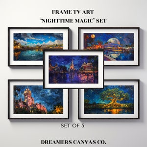 May include: Set of five framed art prints depicting nighttime scenes at a theme park. The prints feature a variety of iconic landmarks, including a castle, a tree, and a spaceship. The prints are all in a dark blue and purple color scheme with bright yellow lights.