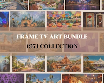 May include: A collage of 12 vintage Disney World illustrations, featuring iconic attractions like Cinderella's Castle, the Haunted Mansion, and the Pirates of the Caribbean. The collage is titled "FRAME TV ART BUNDLE 1971 COLLECTION" and is presented by DREAMERS CANVAS CO.
