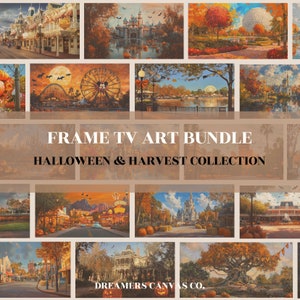 May include: A collage of 12 framed digital art prints featuring various scenes from Disney World during the Halloween and Harvest seasons. The prints feature iconic landmarks like Cinderella's Castle, the Haunted Mansion, and Spaceship Earth, decorated with fall foliage, pumpkins, and Halloween decorations. The title "FRAME TV ART BUNDLE HALLOWEEN & HARVEST COLLECTION" is displayed in the center of the collage.