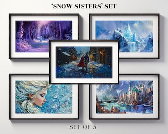 Samsung Frame TV Art - &#39;Snow Sisters&#39; Set | Set of 5 Digital Art for Smart TVs & Wall Displays | Whimsical, Fairytale TV Art