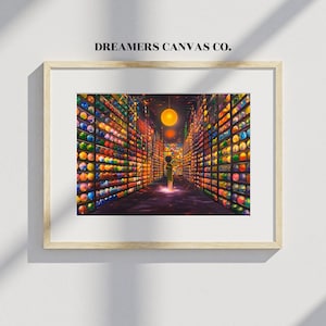 May include: A colourful hallway lined with shelves filled with glass orbs. A single figure stands in the middle of the hallway, looking towards the end.