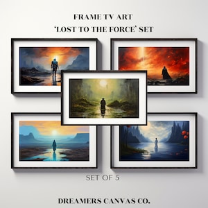 May include: A set of five framed art prints, each with a dark wood frame. The prints show solitary figures in various landscapes with striking skies. The text reads "FRAME TV ART" and "'LOST TO THE FORCE' SET". The text "SET OF 5" and "DREAMERS CANVAS CO." are also visible.