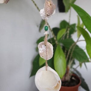 Peut inclure: Mobile de coquillages suspendu &agrave; une ficelle naturelle. Le mobile pr&eacute;sente plusieurs coquillages blancs et beiges de diff&eacute;rentes tailles, reli&eacute;s par une perle verte et des perles transparentes. Des feuilles de plantes vertes et un pot marron sont en arri&egrave;re-plan.