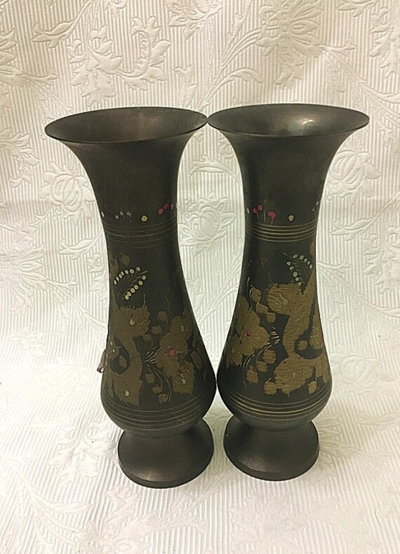 Pair Of Vintage Etched Brass Vase Indian Vintage Etched Vase Etsy