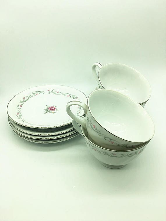 ROYAL SWIRL FINE CHINA MUG CUP SAUCER SET JAPAN PINK ROSE FLOWERS COFFEE TEA