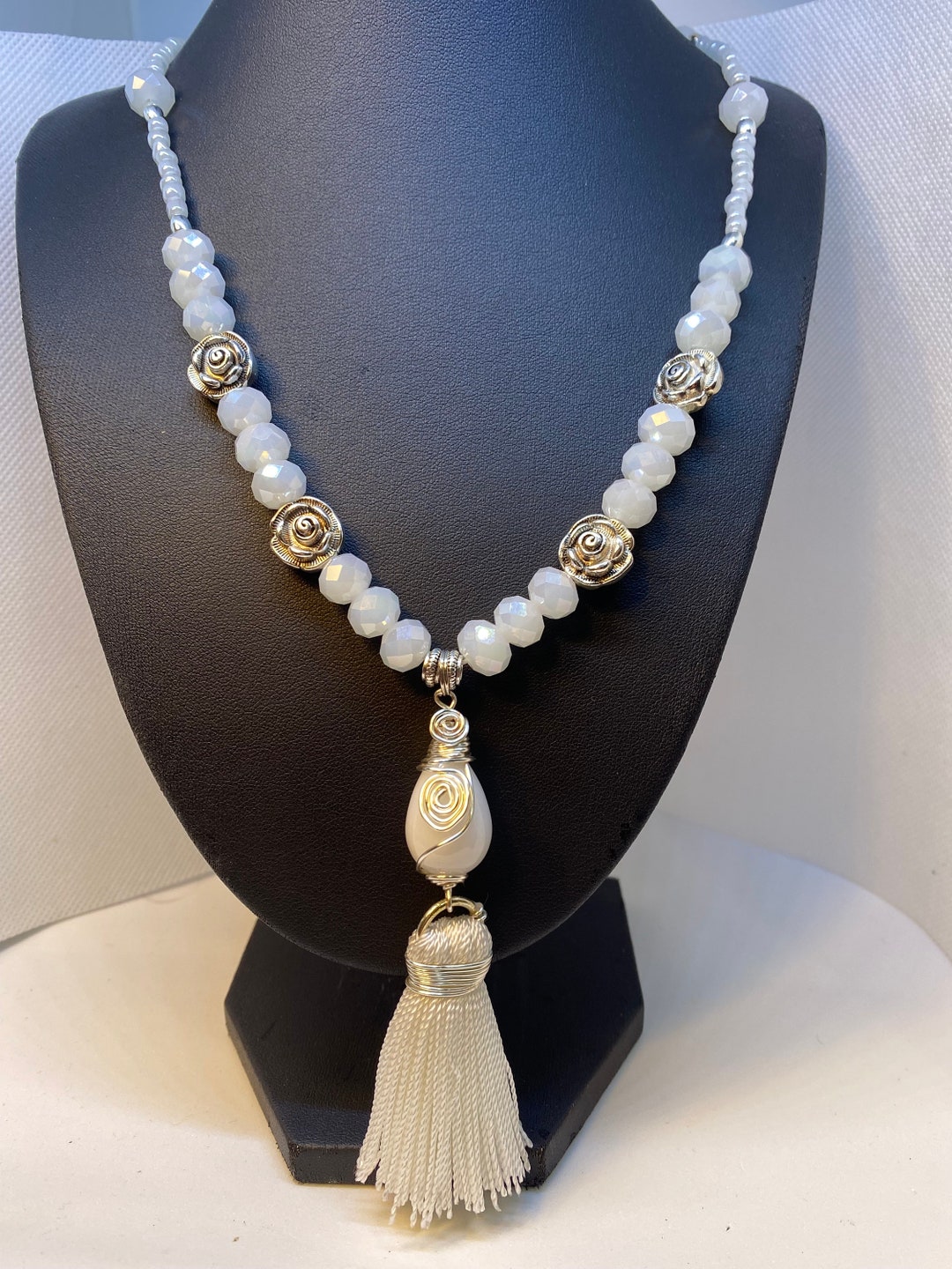 Long Beaded Tassel Necklace, White