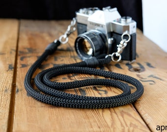 Rope Camera Strap in Black with Metal Clasps by APMOTS - Shoulder Sling Crossbody