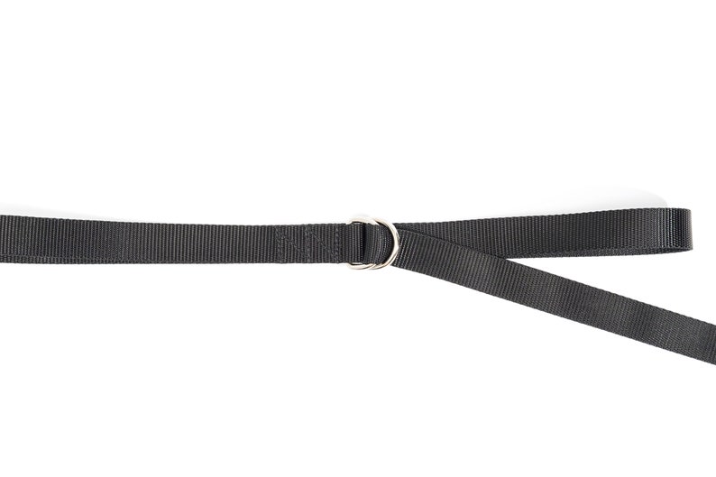 K&ouml;nnte beinhalten: Ein schwarzes Nylonband mit einem silbernen D-Ring aus Metall.