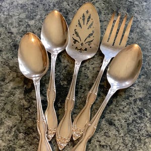 Vintage Serving Silverware, Rogers Silver Plate, 1939 Old South II pattern, Meat Fork, Spoons, Pie Cake Lifter, 5 Piece Flatware Cutlery Set