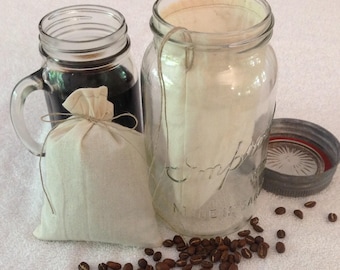Cold Brew Coffee Filter, Reusable Organic Cotton, Half Or Gallon Coffee Filter, Zero Waste, GOTS Fabric and Thread, Natural Hemp Cord.