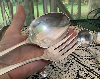 Silver Serving Set, Antique Community Silverplate, Patrician 1914, 5 Bevelled Serving Utensils, Berry Spoon, Meat Fork, Gravy, Sauce Ladle,